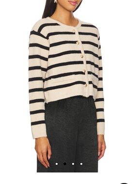 Striped Crewneck Button-Front Cardigan Sweater - Cream & Black